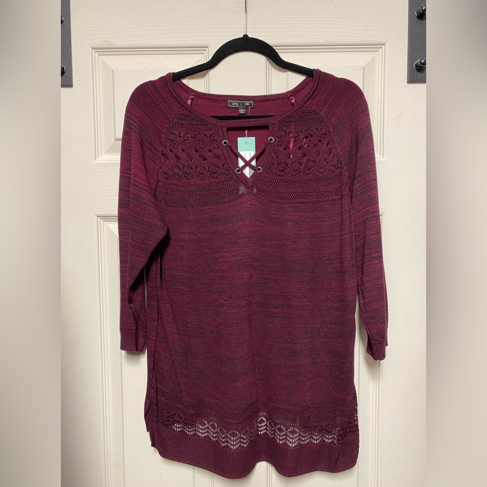 Women’s Burgundy Azalia Keyhole Pointelle Detail Sweater from Lety & Me.